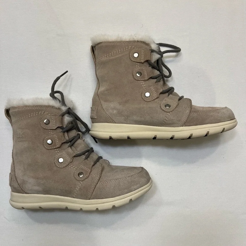 Sorel Explorer Boots Gray Suede w/ White Faux‎ Fur Size 7.5